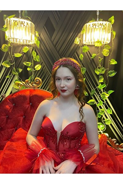 ecrin tuhafiye hobi Bordo Kristal Boncuklu Gelin Tacı Saç Aksesuarı