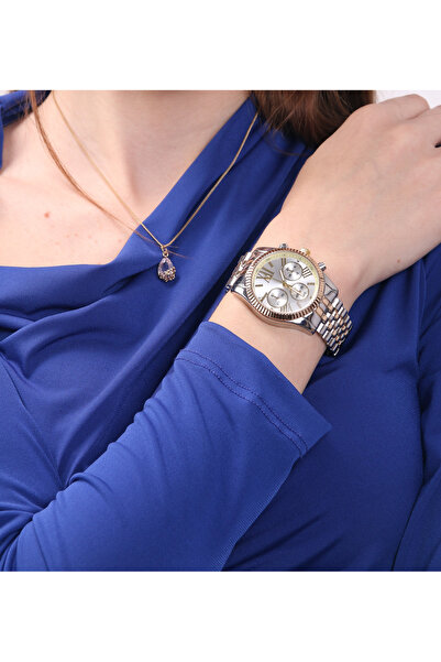 pierrose ساعة يد نسائية بسلك معدني مخطط باللون الفضي والذهبي