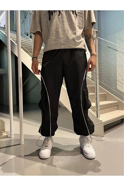 Violon Parachute Style Black and White Baggy Summer Fabric Elasticated Adjustable Leg Trousers