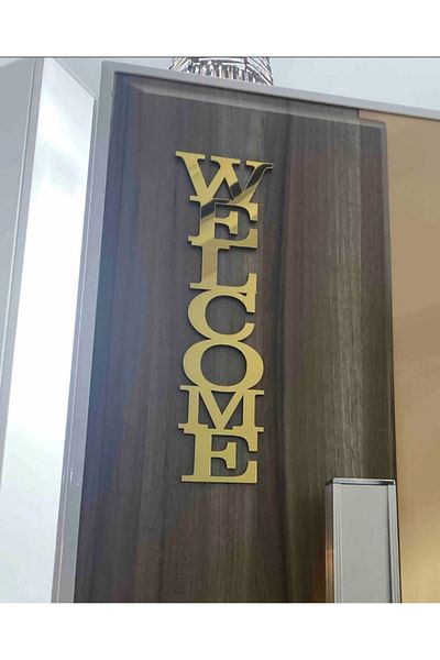 Evsay Welcome Written Decorative Door Ornament 10x28 Cm Gold Mirrored Plexiglass