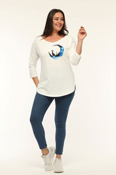Curvy Trend Plus Size Cat Moon Printed Wide V-Neck Half Sleeve Oval Slit Blouse