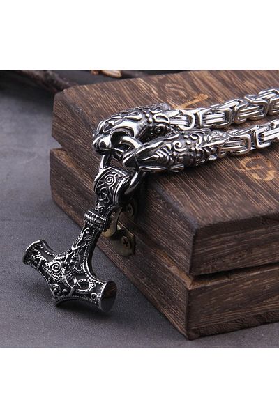 Viking Dragon Head Scandinavian Motif Gray Thor Mjollnir & King Chain 316l Men's Steel Necklace
