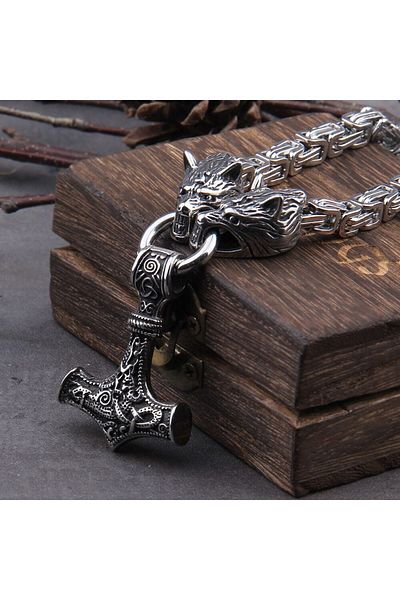 Viking Gray Wolf Head Scandinavian Motif Thor Mjollnir & King Chain 316l Steel Necklace