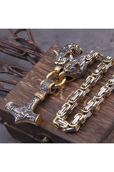 Viking Wolf Head Scandinavian Motif Thor Mjollnir & King Chain 316L Steel Necklace