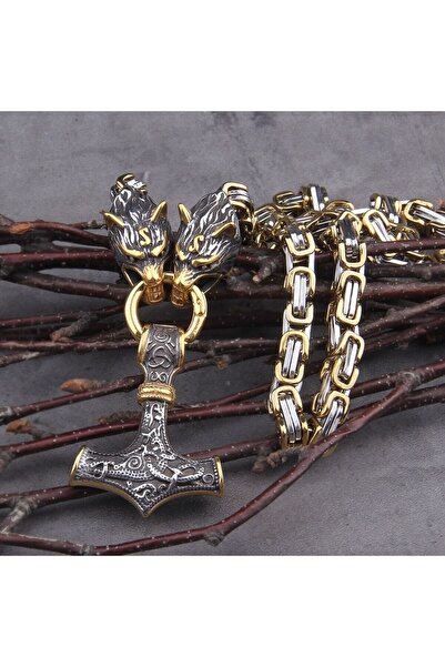 Viking Kurt Kafası Iskandinav Motifli Thor Mjollnir & Kral Zincir 316l Çelik Kolye