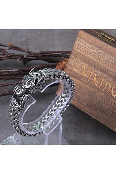 Viking Fenrir Scandinavian Wolf Clip Nordic Back & Freki Design Men's 316l Steel Bracelet