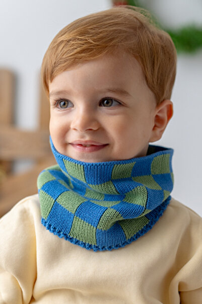 Mama Yoyo Baby&Kids Triko Boyunluk - Dama Örgü çağla yeşili-mavi %100 pamuk