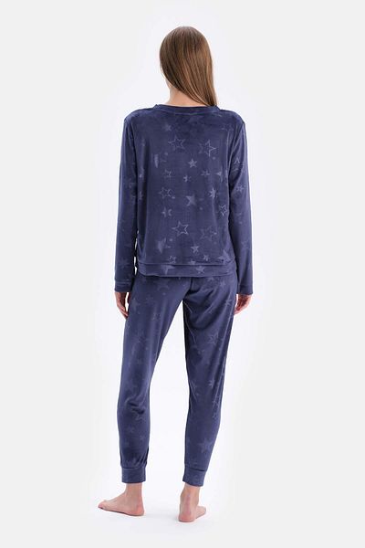 Dagi Navy Blue Seersucker Star Detailed Knitted Pajama Set
