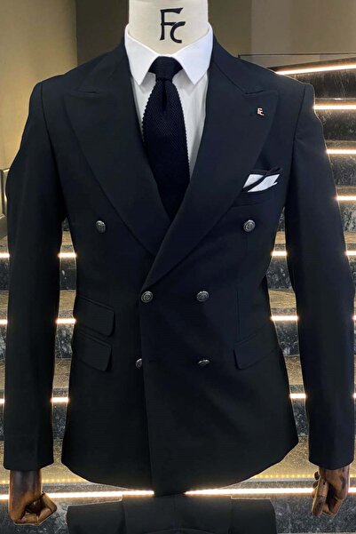 Fc Plus Geniş Sivri Yaka Lacivert Kruvaze Ceket