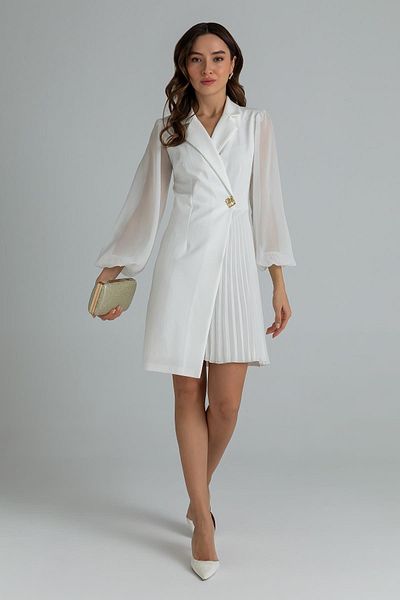 vuvutasarım Double Breasted Jacket Collar with Pleated Skirt Wrap Cut Tulle Detailed Long Sleeve White Dress 24K2169