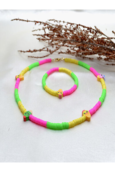 Y&M PERLA ACCESSORİES ÇOCUK SERİ FİGÜRLÜ RENKLİ FİMO KOLYE VE BİLEKLİK KOMBİN