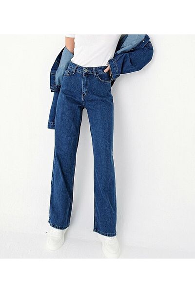 DRC trend Serenay Deep Blue Lycra Pantaloni palazzo largi cu talie foarte înaltă