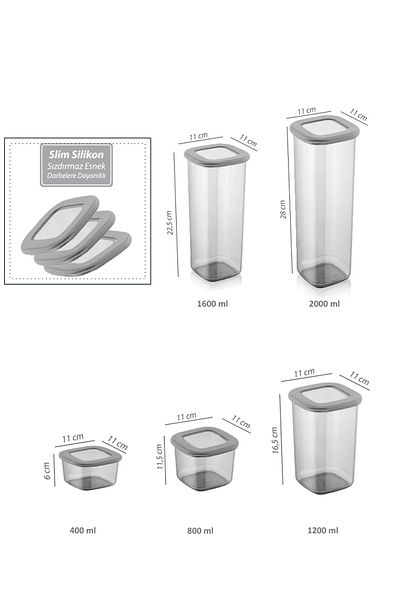 Eynel Set of 10 Gray Square Storage Container Silicone Lid Airtight Dry Legume Coffee Pulses Pasta Box