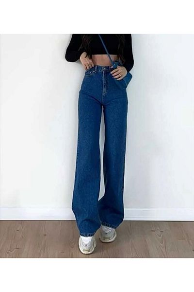 DRC trend Ikon 90's Deep Blue Lycra Pantaloni palazzo largi cu talie super înaltă