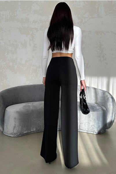 FEMELLE Women's Black Full Lycra High Waist Side Zipper Wide Leg Trousers