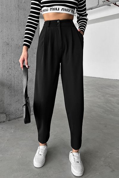 FEMELLE Pantaloni de damă negri cu talie înaltă din țesătură lycra cu croială Shalwar