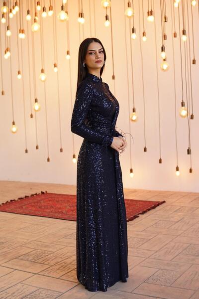 SpringStore Rochie de seară hijab cu mâneci bleumarin cu pene și paiete