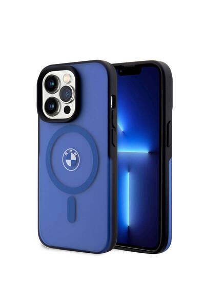 BMW iPhone 15 Pro Max Uyumlu Kılıf BMW Lisanslı Magsafe Şarj Özellikli IML Baskı Buzlu Mat Mavi