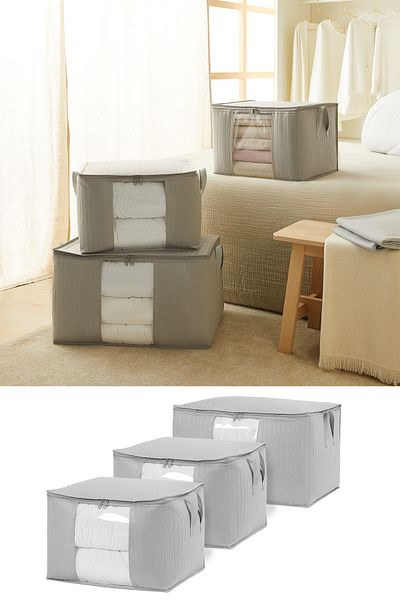 Ocean Home Textile Σετ 3 τσάντες αποθήκευσης καπιτονέ σε γκρι χρώμα με παράθυρο PVC