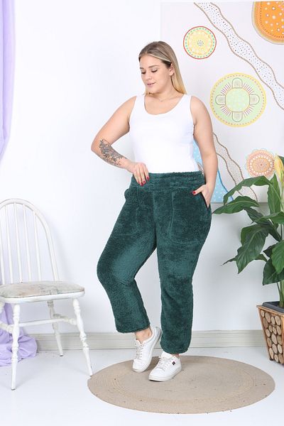 xlargebutik PLUS SIZE CLOTHING EMERALD GREEN PLUSH FLEECE TROUSERS WARM FULLY FLEXIBLE COMFORTABLE