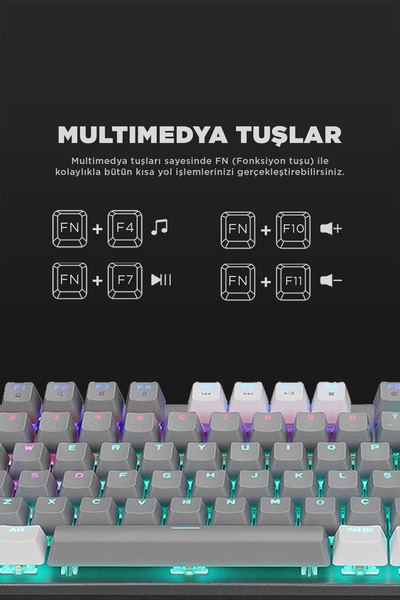 Rampage Snug K14 Rainbow Blue Switch 87 Tuşlu Tkl Mekanik Klavye Oyuncu Klavyesi Kompakt Gri / beyaz