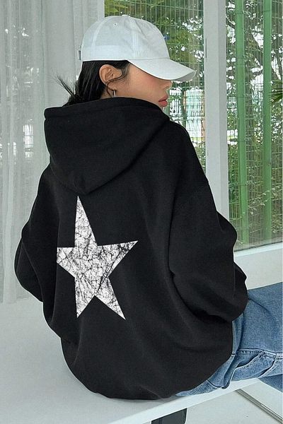 Moodopia Women's Hooded Black and White Star Printed Sweatshirt