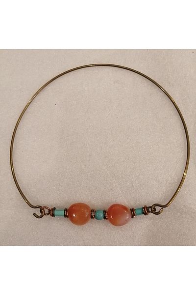 Butik Tülin طقم قلادة وسوار نسائي من الحجر الطبيعي باللون الفيروزي والعقيق والأرز الداكن - صناعة يدوية أصلية