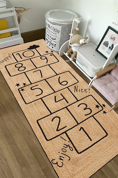 Decomia Home Digital Non-Slip Kids Rug - Washable Jute Look, Hopscotch Kids Play Mat, Children's Room Decor