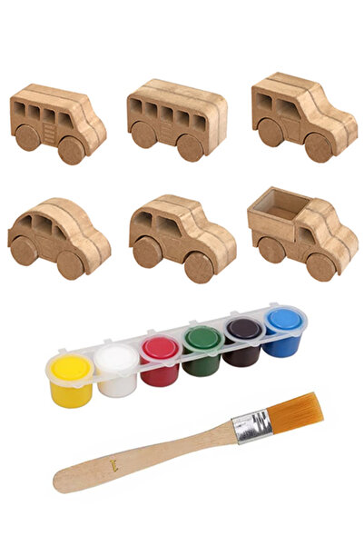 Genel Markalar Ahşap Oyuncak 6 Araba Seti 6 Boya Seti Ve Fırça Hediyeli