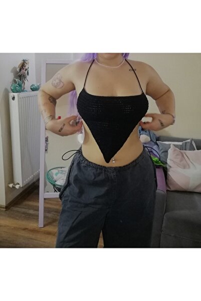 Gia Mendil V Kesim Degaje Yaka Örme Kroşe Bağlamalı Sırt Dekolteli Bluz