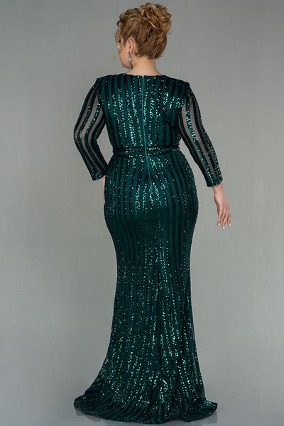 Abiyefon Women's Emerald Green Long Leg Low-cut Sequin Sequined Plus Size Evening Dress Abu1043