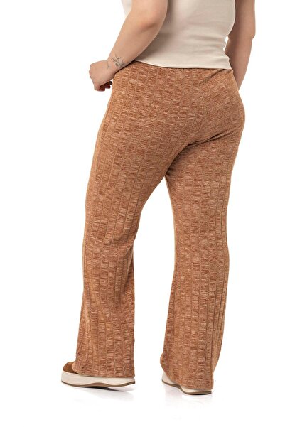 DISENTIS MODEST Large Size Wide Leg Elastic Waist Ribbed Knitwear Brown Trousers