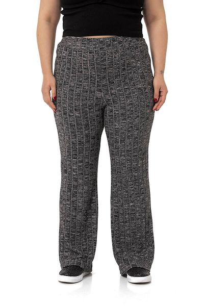 DISENTIS MODEST Large Size Wide Leg Elastic Waist Ribbed Knitwear Black Trousers