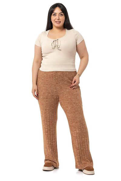 DISENTIS MODEST Large Size Wide Leg Elastic Waist Ribbed Knitwear Brown Trousers