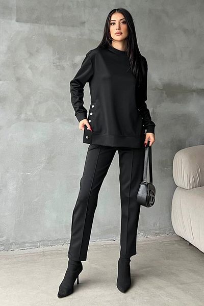 lovebox Flexible Scuba Fabric Side Snap Detail Sweatshirt And Short Skinny Leg Trousers Bottom Top Black Suit 650