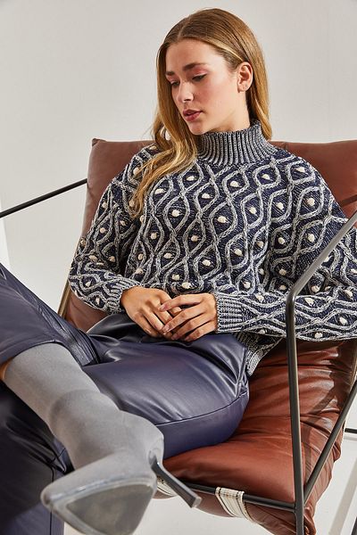 Bianco Lucci Women's Turtleneck Patterned Knitwear Sweater