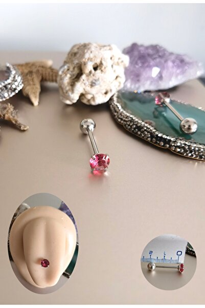 Bylin %100 316 L Cerrahi(Medikal) Çelik Pembe Zirkon Taşlı Dil Piercingi - Ba...