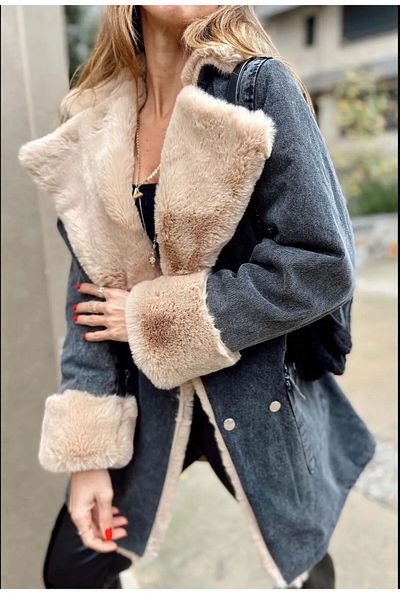 zoe star Leksa Palton lung din denim cu guler și mâneci Palton lung din denim cu blană
