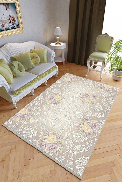 10 Post Online Klasik Salon Halısı Ekru Krem Yolluk Kaymaz Yuvarlak Oval Kesm...