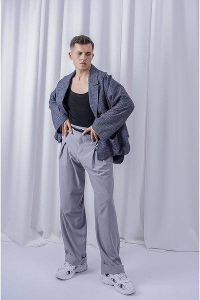 LoFiBuy Unisex Lacivert Oversize Çizgili Premium Alt-üst Takım - Threee