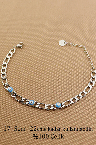 Keyifli Hayaller Çelik Bileklik-Nazar Boncuklu Zincir Bileklik Kararmaz Solmaz 316L Silver Çelik Bileklik 17+5cm