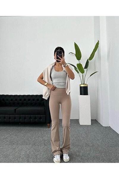 Shiny Boutique Kalın Kemer Detaylı İspanyol Paça Tayt Krem