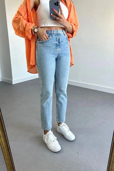 ByCukurovaFrango Lisa pentru femei cu talie înaltă Blue Snow Wash Lycra Mom Jeans Pantaloni Boyfrend