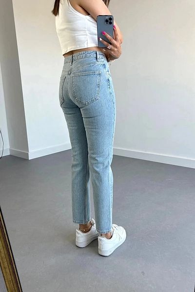 ByCukurovaFrango Lisa pentru femei cu talie înaltă Blue Snow Wash Lycra Mom Jeans Pantaloni Boyfrend