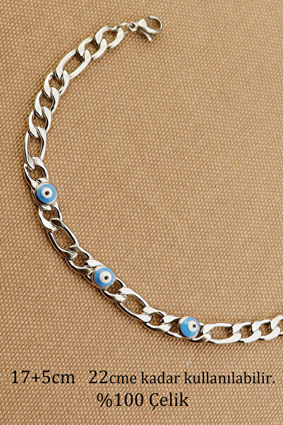 Keyifli Hayaller Çelik Bileklik-Nazar Boncuklu Zincir Bileklik Kararmaz Solmaz 316L Silver Çelik Bileklik 17+5cm