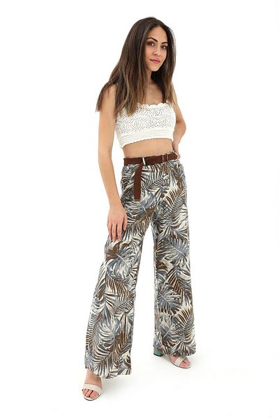 Tienda Elegante Linen Trousers - Straw Belt Patterned, Brown