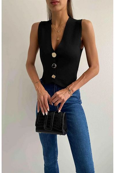 Lusin Women's Buttoned Knitwear Vest Black