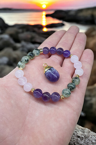 NBS Beautiful Naturel Stones Ametist , Pembe Kuvars , Prinayt ( Kolye HEDİYELİ ) Dorika Kararmaz Ara Aparat Doğal Taş Bileklik