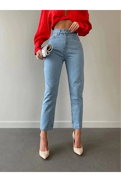 LİMABEL Pollen Light Blue High Waist Colorfast Mom Jean Women's Boyfriend Power Lycra