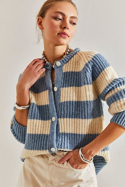 Bianco Lucci Damen-Strickjacke mit Streifen und Knöpfen